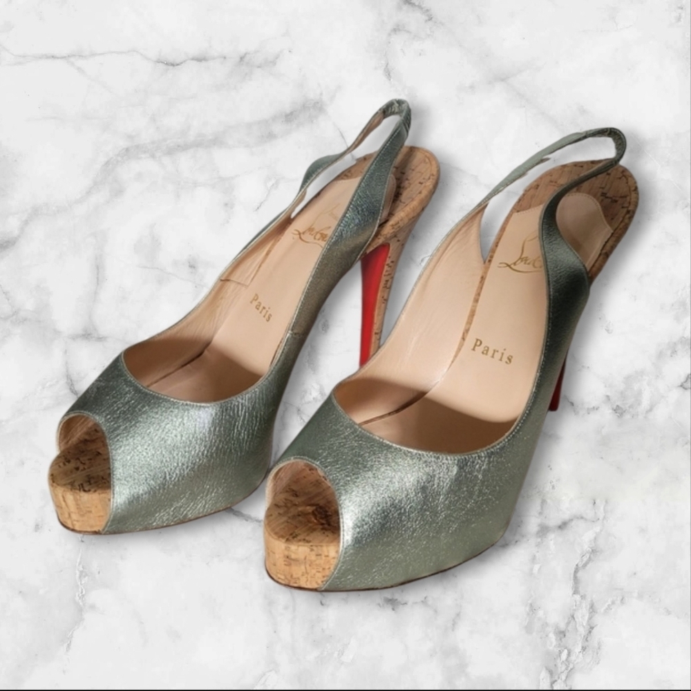 Christian Louboutin SO PRIVE Metallic Silver Leather Cork Platform Shoes 38